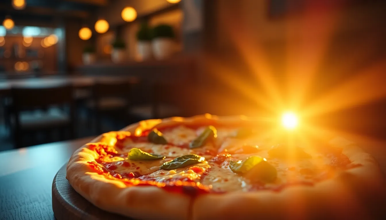 Golden Hour Pizza with Warm Backlighting Indulge in the warm glow of a pizza captured during golden hour, where the backlighting creates an inviting rim light effect. This image presents the pizza with its perfect crust and fresh toppings, positioned thoughtfully in the frame. The warm color palette enhances the comforting atmosphere, making the dish irresistible for viewers.