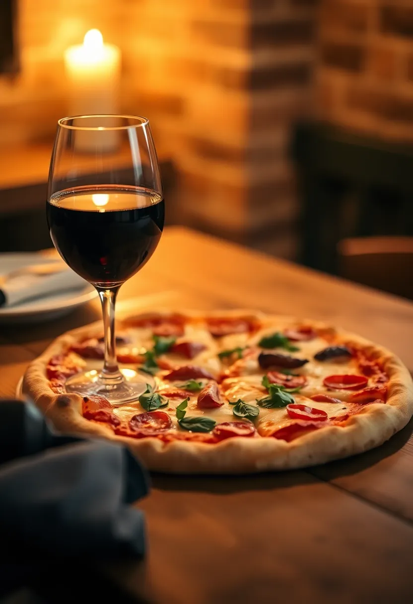 A cozy candlelit scene showcases a delicious pizza alongside a glass of red wine on a rustic wooden table. The warm glow from the candles creates an intimate atmosphere, highlighting the inviting textures of the crust and toppings. This image captures the essence of a perfect evening dining experience, inviting viewers to savor the moment.