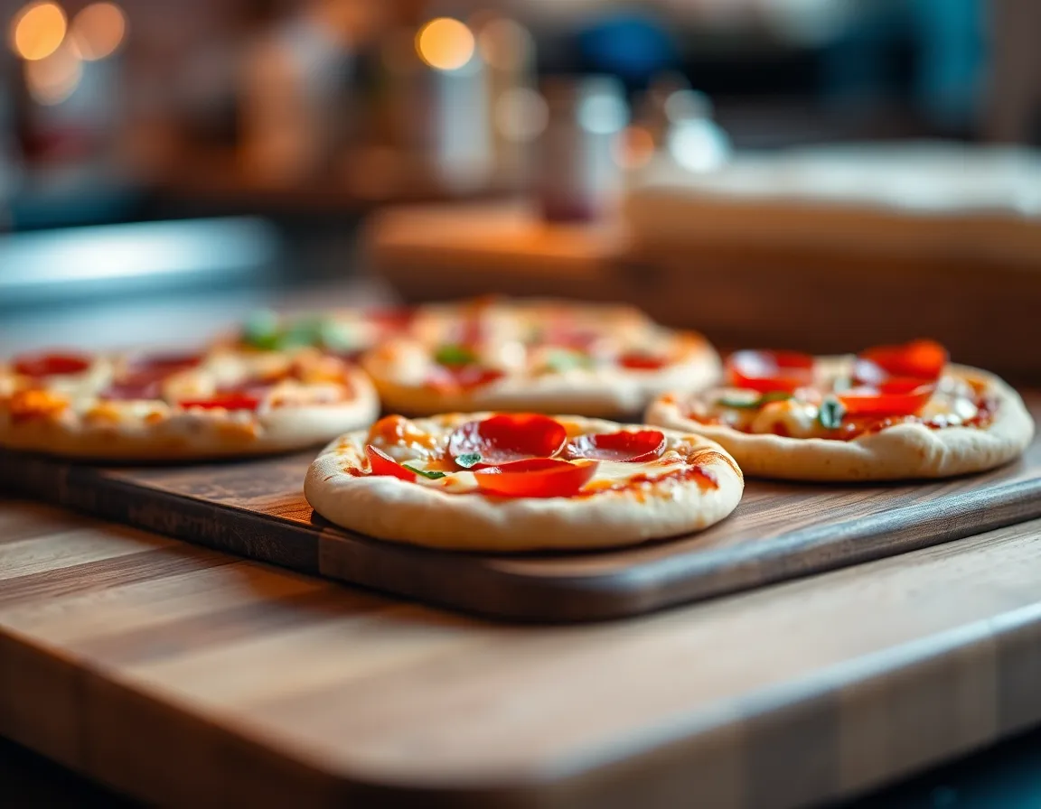 This vibrant image features an artisan selection of mini pizzas artfully arranged on a rustic wooden board. The dramatic lighting enhances the texture and colors of the pizzas, bringing out the richness of the tomato sauce and melted cheese. The artistic presentation and attention to detail make this image ideal for gourmet food promotions and social media posts that entice food lovers.