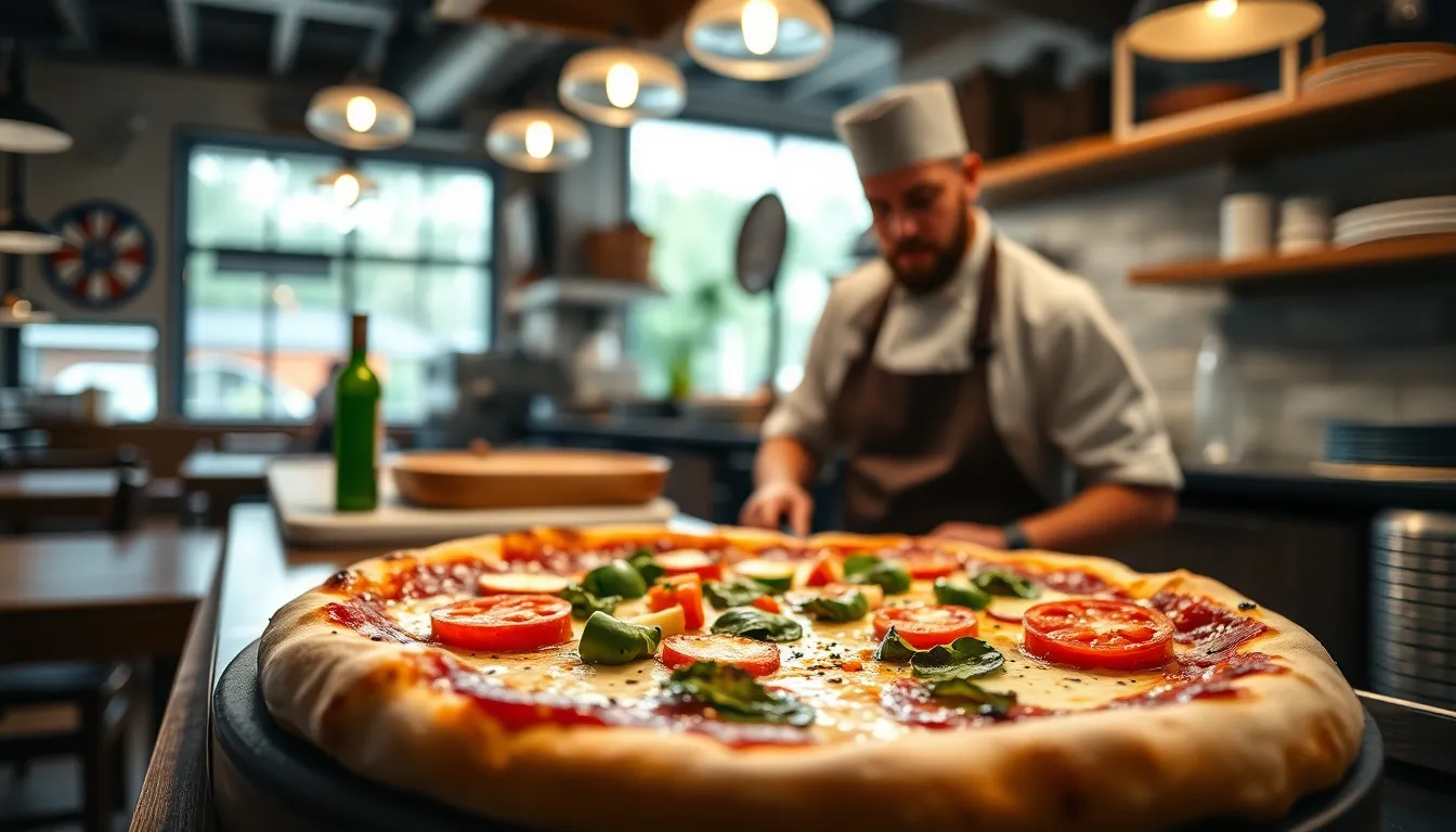 This dynamic shot captures an artisan pizza being crafted in a bustling pizzeria, illuminated by soft overcast daylight filtering through windows. The shallow depth of field isolates the vivid colors of fresh toppings and the chef's skilled hands, while the warm earthy tones of the setting enhance the inviting ambiance. The image conveys the artistry of pizza-making, making it perfect for culinary enthusiasts and food lovers alike.