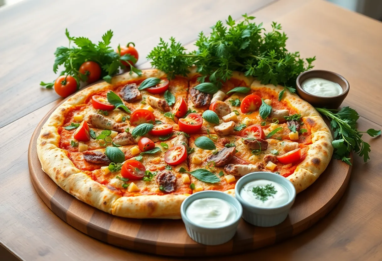 This visually appealing image showcases a vibrant pizza platter featuring an assortment of toppings, including fresh vegetables, meats, and aromatic herbs. Set on a rustic wooden dining table, the soft overcast light highlights the vivid colors and textures of the ingredients. The composition showcases the platter off-center, creating a dynamic visual flow complemented by a bouquet of herbs and dips. It's an inviting image perfect for catering services, restaurants, and food lovers.