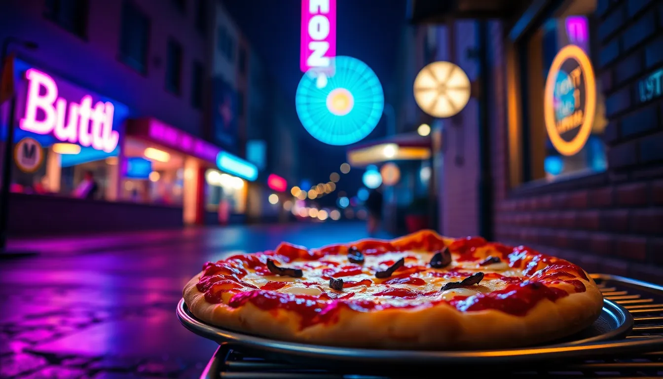 A freshly baked pizza, glistening with melted cheese and colorful toppings, is presented on a metal serving tray. The scene is illuminated by vibrant neon signage reflecting off the wet pavement, creating a dynamic atmosphere. The butterfly lighting highlights the pizza's textures and colors, while the shallow depth of field keeps the focus sharp on the dish. This image captures the essence of urban food culture.