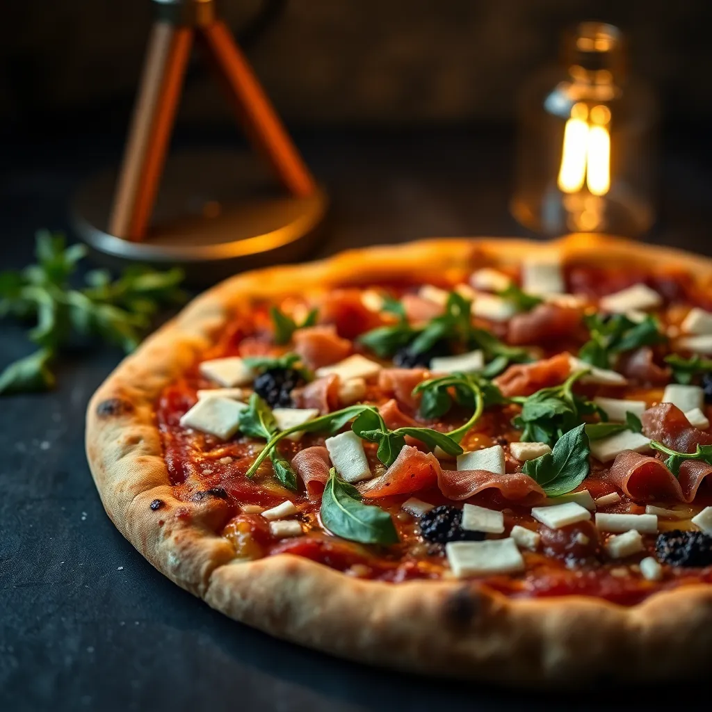 This stunning close-up image features a gourmet pizza adorned with prosciutto, fresh arugula, and delicate shavings of parmesan cheese. Set against a dark slate background, the warm tungsten lighting highlights the textures of the crispy crust and the shiny olive oil drizzle. The shallow depth of field creates a beautiful bokeh effect that enhances the pizza's intricate details, resulting in an elegant and sophisticated presentation. This composition invites viewers to appreciate the culinary artistry of gourmet pizza.