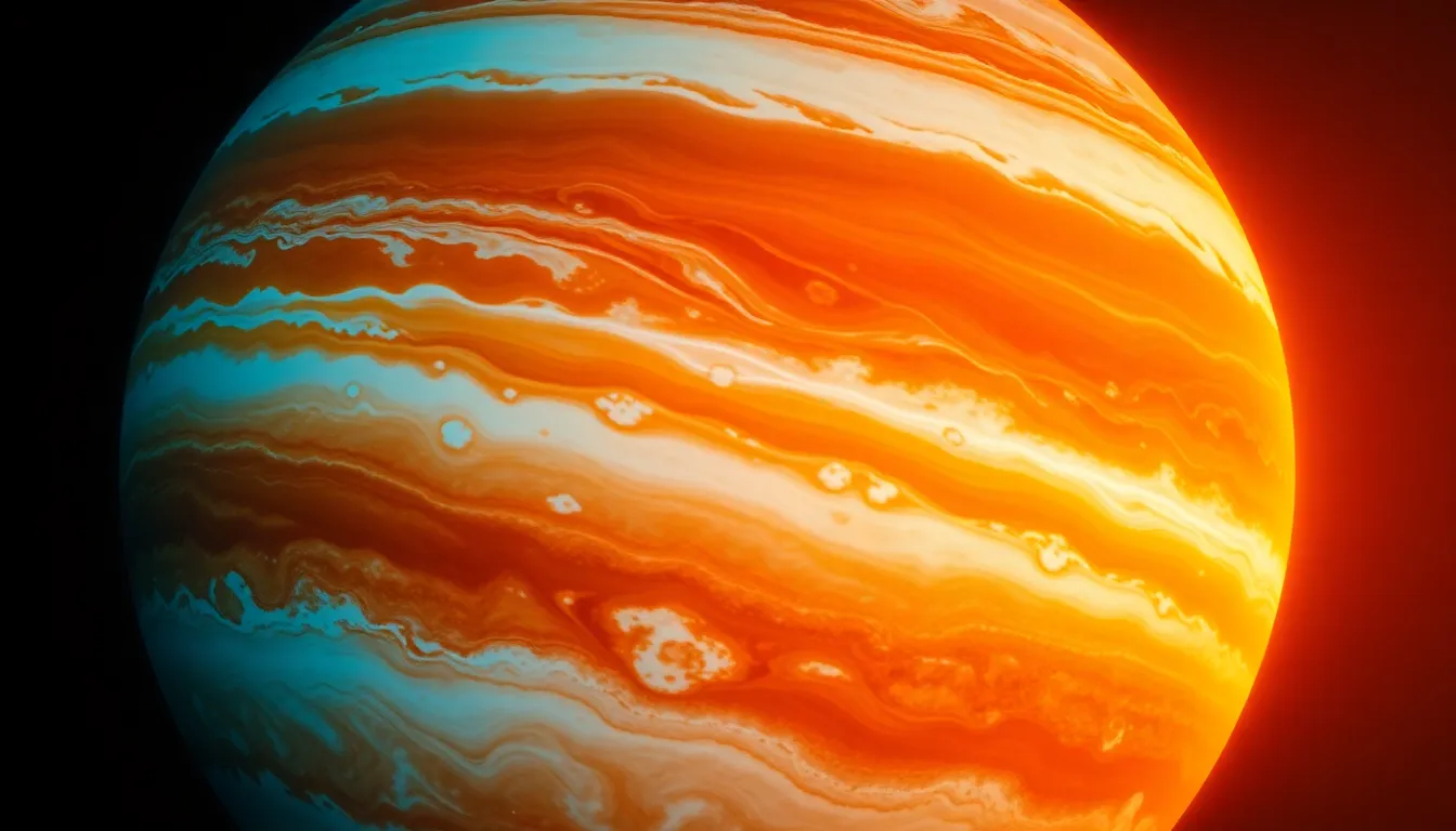 This striking macro photograph captures the swirling clouds of Jupiter, highlighted by vibrant auroras at its poles. The warm light creates a mesmerizing atmosphere, showcasing the planet's rich textures in dynamic orange and blue hues. The diagonal composition enhances the sense of movement and depth, allowing viewers to immerse themselves in this distant world. It's a stunning homage to the grandeur of one of our solar system's most fascinating planets.
