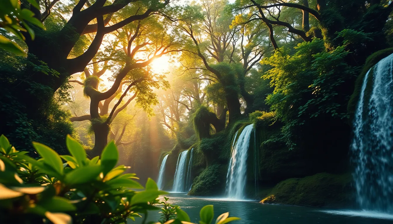 This serene image features a lush green planet adorned with majestic trees and cascading waterfalls. Warm, diffused sunlight streams through the canopy, highlighting the rich greens and beautiful reflections on the water. The macro focus captures intricate details, inviting viewers to explore this vibrant ecosystem. The leading lines created by the waterfalls draw the eye deeper into the landscape, evoking tranquility and wonder.