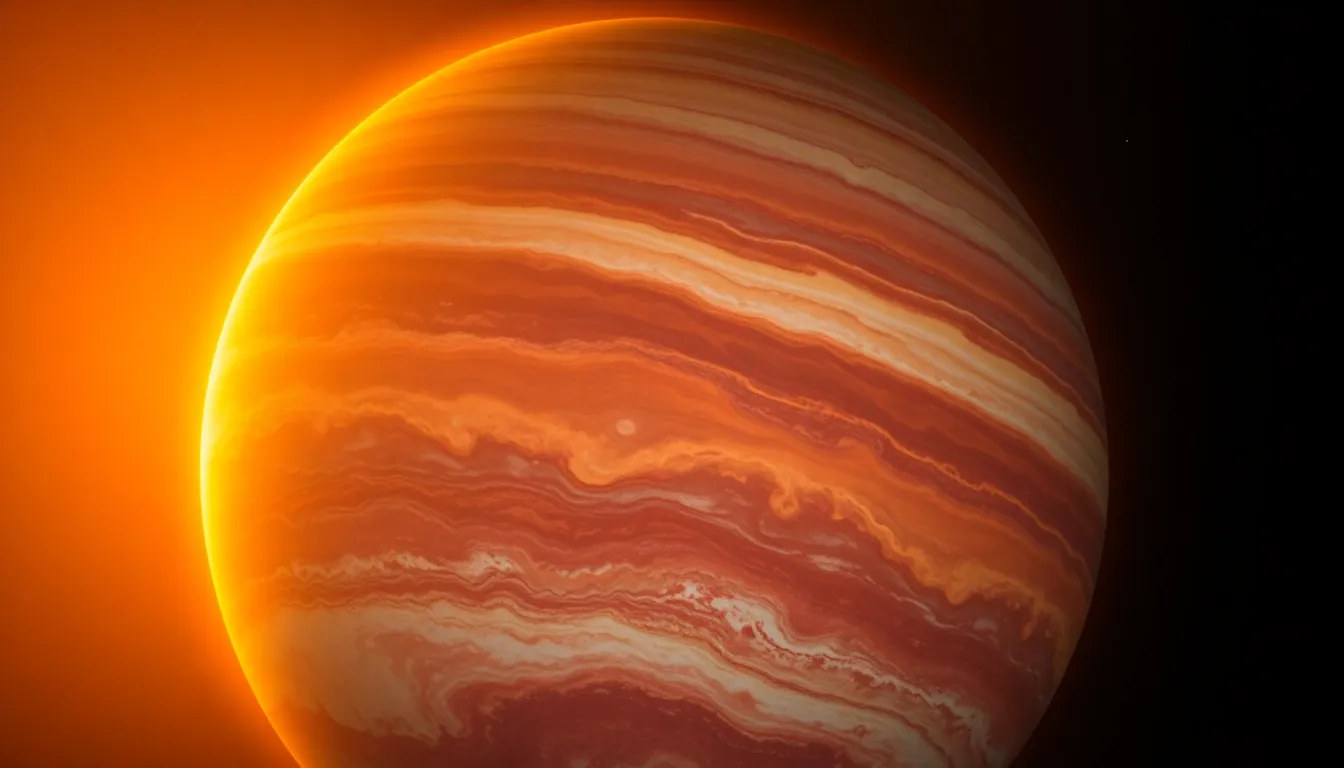 This breathtaking image captures a vibrant gas giant bathed in the warm hues of sunset. Its swirling clouds are illuminated by golden light, creating a stunning contrast with the deep space backdrop filled with stars. The shallow depth of field enhances the ethereal quality, drawing attention to the planet's rich textures and colors. Perfect for showcasing cosmic beauty, this photograph would appeal to space enthusiasts and creatives alike.