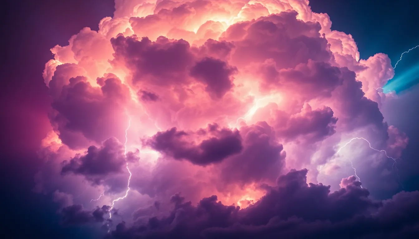 This electrifying image depicts a vibrant storm on a distant planet, showcasing clouds illuminated by flashes of lightning. The vivid colors of deep purples and blues evoke a sense of chaos and energy, drawing viewers into the scene. The shallow depth of field focuses on the storm's intensity, while the centered composition emphasizes the swirling cloud formations. Perfect for portraying the raw power of extraterrestrial weather.