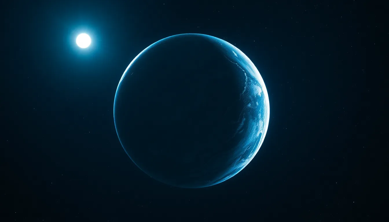 This captivating image showcases an icy exoplanet illuminated by the cool light of a distant star. The surface glistens with intricate ice formations, exuding a serene and otherworldly atmosphere. The sharp focus from foreground to infinity adds depth, while the muted color palette evokes the chill of space. A fantastical scene that invites viewers to ponder alien worlds and the mysteries of the universe.