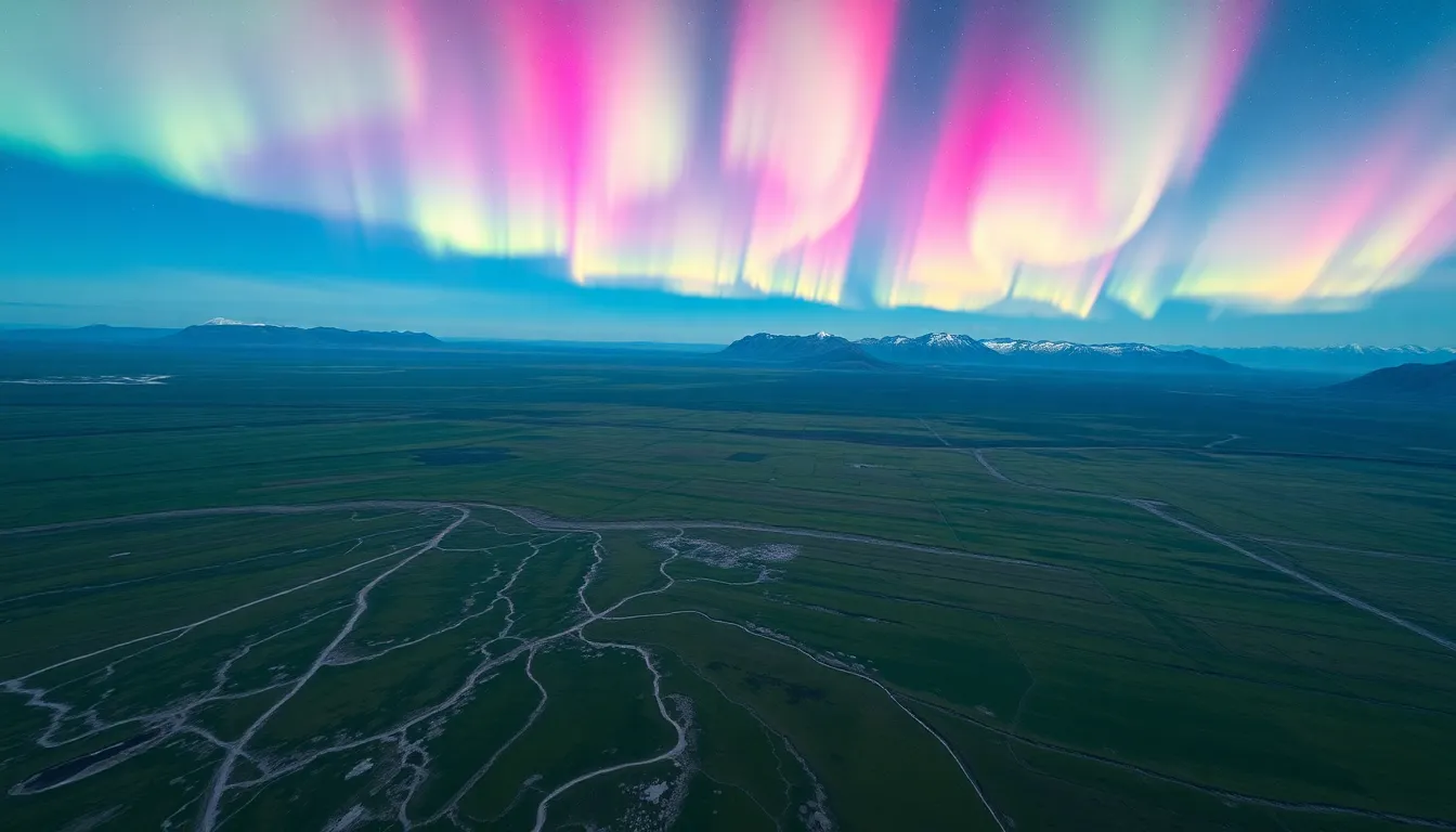 This stunning aerial view captures the expansive landscape of an alien planet, featuring vast plains and distant mountains, all beautifully illuminated by a vibrant aurora. The soft natural sunlight enhances the vivid colors of the aurora, creating an otherworldly ambiance. With a hyperfocal depth of field, both the foreground and background remain sharp, allowing viewers to appreciate the immense scale of this alien world. The lush greens and rich blues contrast beautifully with the colorful sky, inviting exploration of this intriguing extraterrestrial environment.