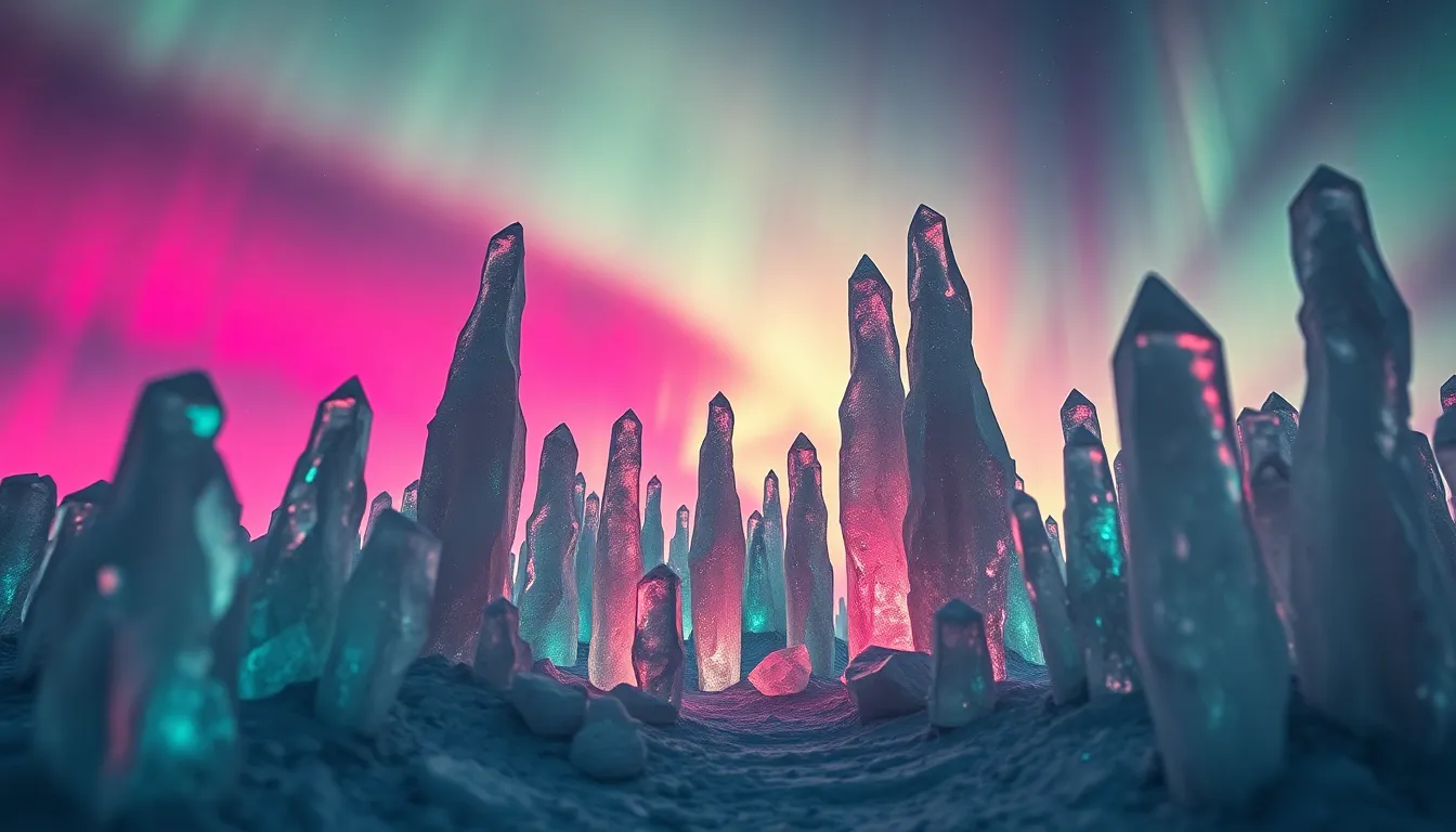 Alien Planet with Crystal Formations and Aurora