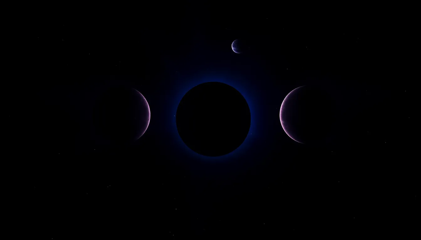 This striking image showcases two moons in an eclipse over a distant planet, set against the infinite darkness of space. The dramatic lighting creates an intriguing interplay of shadows, revealing the rugged textures of the moons. With a sharp depth of field, both celestial bodies are crisply in focus, highlighted by a backdrop of stars. Rich purples and deep blues dominate the color palette, giving a sense of mystery and grandeur to this cosmic scene, inviting viewers to ponder the wonders of the universe.