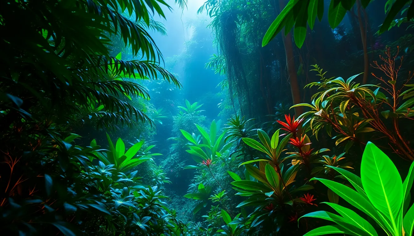 An awe-inspiring glimpse into a vibrant extraterrestrial jungle teeming with bioluminescent plants. The scene is alive with glowing greens and deep blues, illuminated by soft natural light filtering through thick foliage. The rich colors evoke a sense of wonder and adventure in this alien landscape. Leading lines formed by branches guide viewers through the lush environment, highlighting the peculiar beauty of this otherworldly ecosystem.