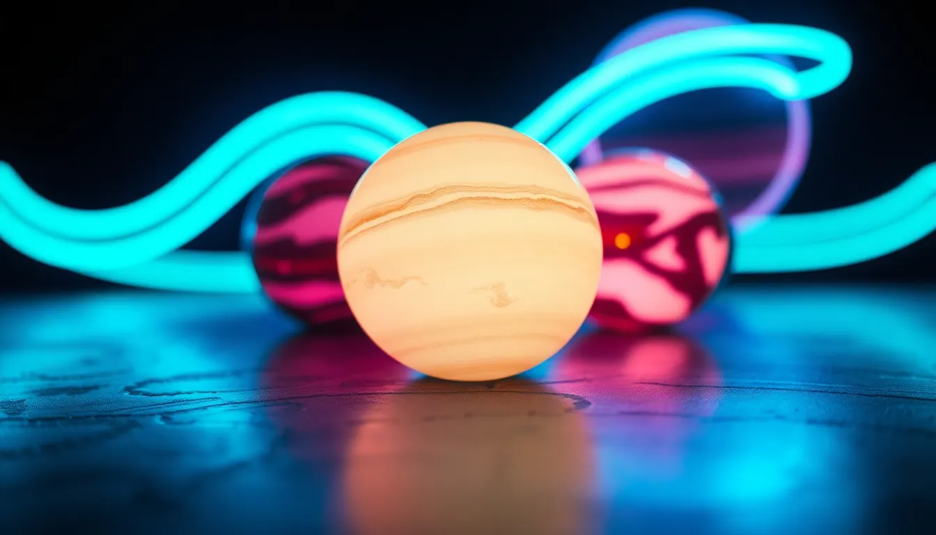 Neon Reflections on Celestial Planets This captivating image features celestial planets illuminated by vibrant neon reflections against a dark cosmic backdrop. The shallow depth of field creates a dreamy quality, drawing attention to the intricate details of the planets' surfaces. The striking contrast of neon blues and greens against the dark space creates a visually arresting scene, while the centered symmetrical composition emphasizes the planets. This image showcases the fusion of technology and cosmic beauty, inviting viewers into a futuristic celestial realm.