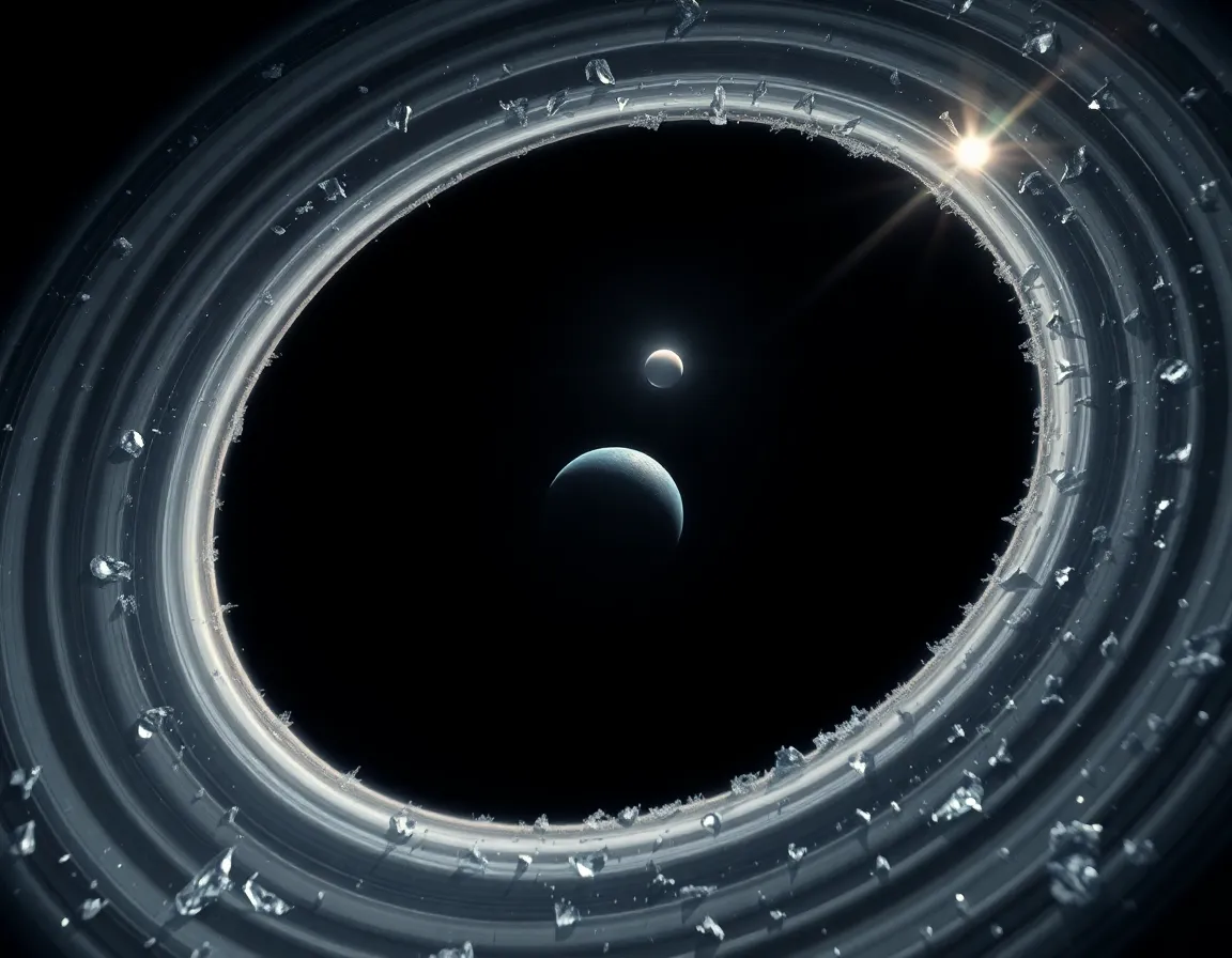 In this macro image, the intricate beauty of a planet's rings comes alive, showcasing icy particles and rocky debris illuminated by soft starlight. The gentle lighting creates a serene atmosphere, allowing the textures of the rings to shine. With a shallow depth of field, the rings are crisply in focus, while the distant planet softly blurs into the background. The shimmering whites and blues add depth to the composition, where the spiraling shapes draw the viewer's gaze in a visually captivating manner.