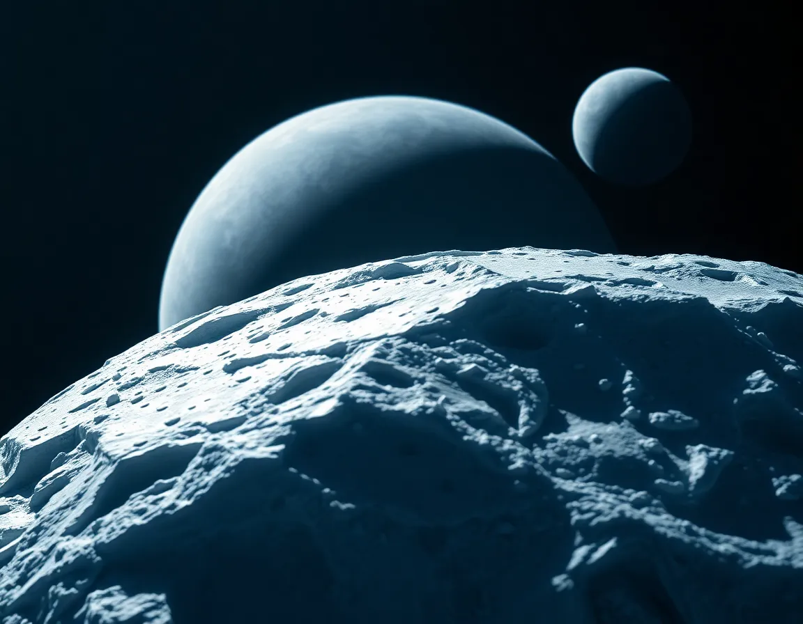 A breathtaking view of an icy moon captured in photorealistic detail, orbiting a distant, vibrant planet. The sun's bright light highlights the rough textures of its crater-filled surface while contrasting with the soft blues of the icy landscape. This cosmic scene evokes a sense of coldness and isolation, emphasizing the grandeur of space. The low-angle perspective intensifies the moon's imposing presence, drawing the viewer into this extraterrestrial realm.