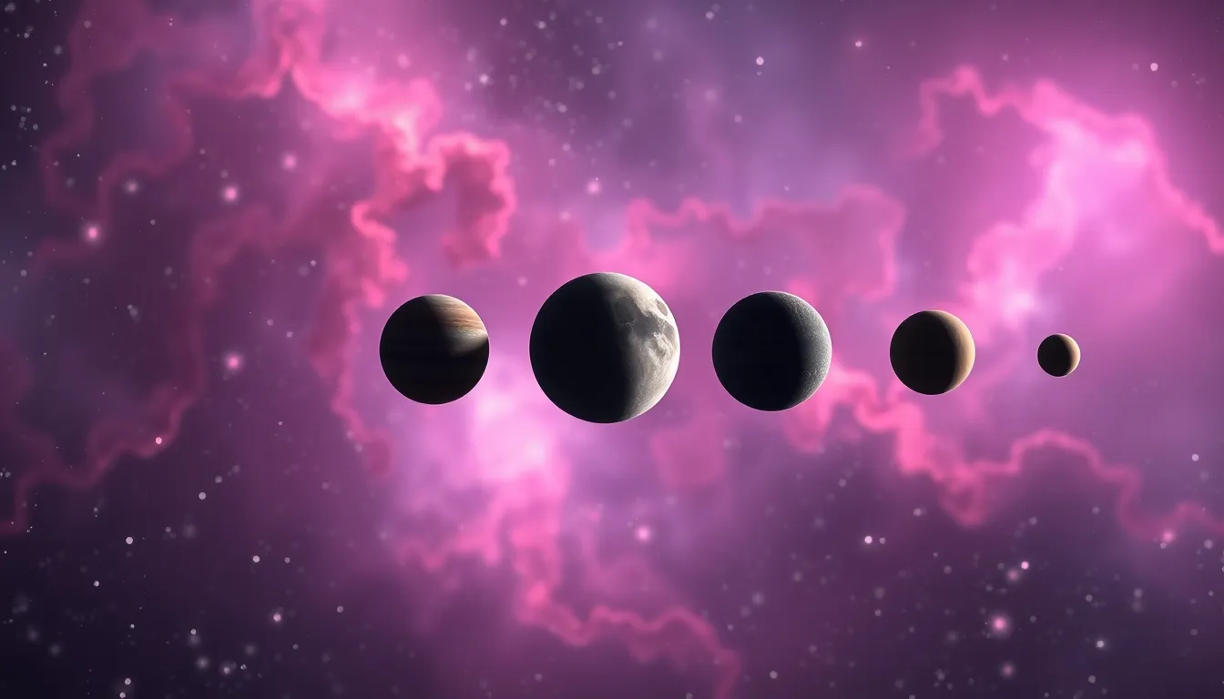 A mesmerizing celestial scene showcasing the alignment of multiple planets against a vivid nebula backdrop. The ethereal glow of the nebula, filled with swirling pinks, purples, and blues, enhances the planets’ features, creating a dreamlike atmosphere. The shallow depth of field draws attention to the planets while softly blurring the nebula. This stunning cosmic display invites viewers to marvel at the beauty and mystery of the universe.