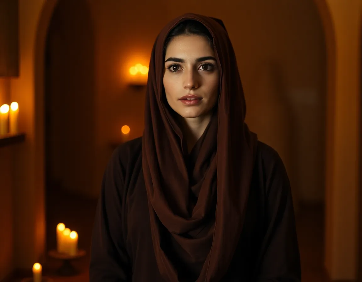 In this portrait, a Middle-Eastern woman in a flowing dress radiates serenity amidst the flickering candlelight. The warm shadows cast by the candles create an intimate atmosphere, highlighting the intricate textures of her attire. Her gentle expression invites contemplation, making this image evocative and stirring.