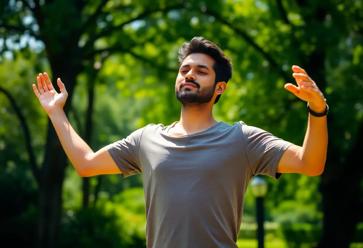 This portrait showcases a South Asian man practicing yoga in a serene park setting. The bright midday sunlight highlights his peaceful demeanor as he poses amidst vibrant greenery. The gentle wind adds movement to his clothing, enhancing the tranquility of the moment. The soft bokeh background emphasizes his connection with nature.