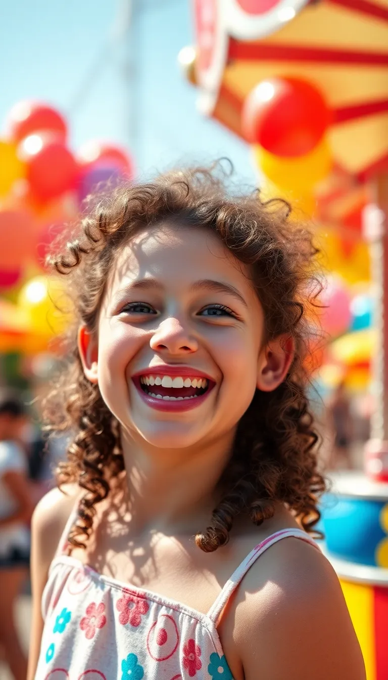 This portrait captures the pure joy of a Caucasian girl amidst a carnival setting. Her laughter and sparkling eyes reflect the colorful energy around her, with bright balloons and soft lights creating a festive atmosphere. The vivid colors and sunlight enhance her youthful spirit, making this image a celebration of happiness.