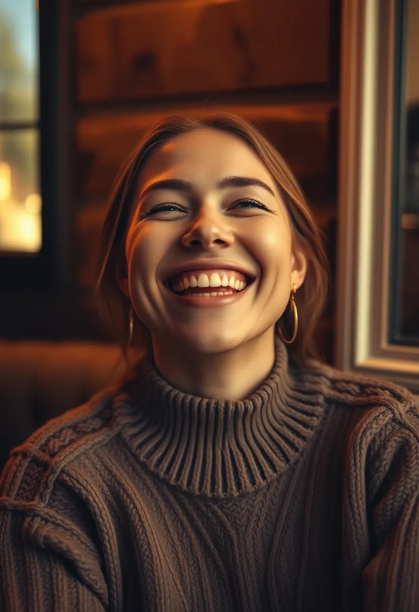 Warm Portrait of a Woman with Joyful Expression This heartwarming portrait captures a woman in a cozy knit sweater, illuminated by warm tungsten light that creates a soft glow around her. Her joyful expression radiates positivity, enhanced by the vintage-inspired color palette of golds and browns. The shallow depth of field draws attention to her face while the textured wooden background adds depth and warmth to the composition. This image beautifully encapsulates a moment of happiness and authenticity.