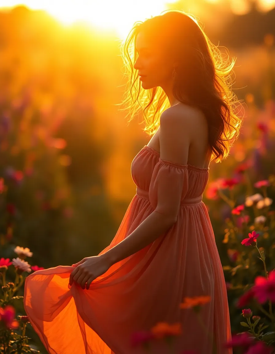Golden Hour Portrait of a Woman in Nature A captivating portrait of a woman surrounded by blooming flowers during golden hour, illuminated by warm backlighting that creates a glowing rim around her silhouette. The soft focus emphasizes her serene expression, while the lush colors of nature create a harmonious backdrop. Her flowing dress captures the light beautifully, enhancing the ethereal quality of the image. This portrait embodies a sense of tranquility and connection with nature.