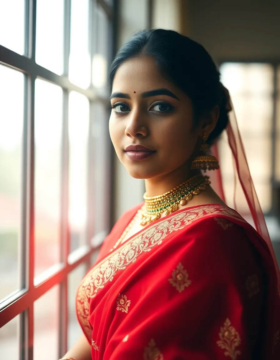 An elegant portrait of a young South Asian woman in a richly embroidered red sari, captured with diffused daylight. The soft, natural light highlights her graceful features, while the vivid colors create a vibrancy that draws the eye. The intricate details of her attire and the gentle framing of the window enhance the moment's serene beauty, inviting appreciation of cultural elegance.