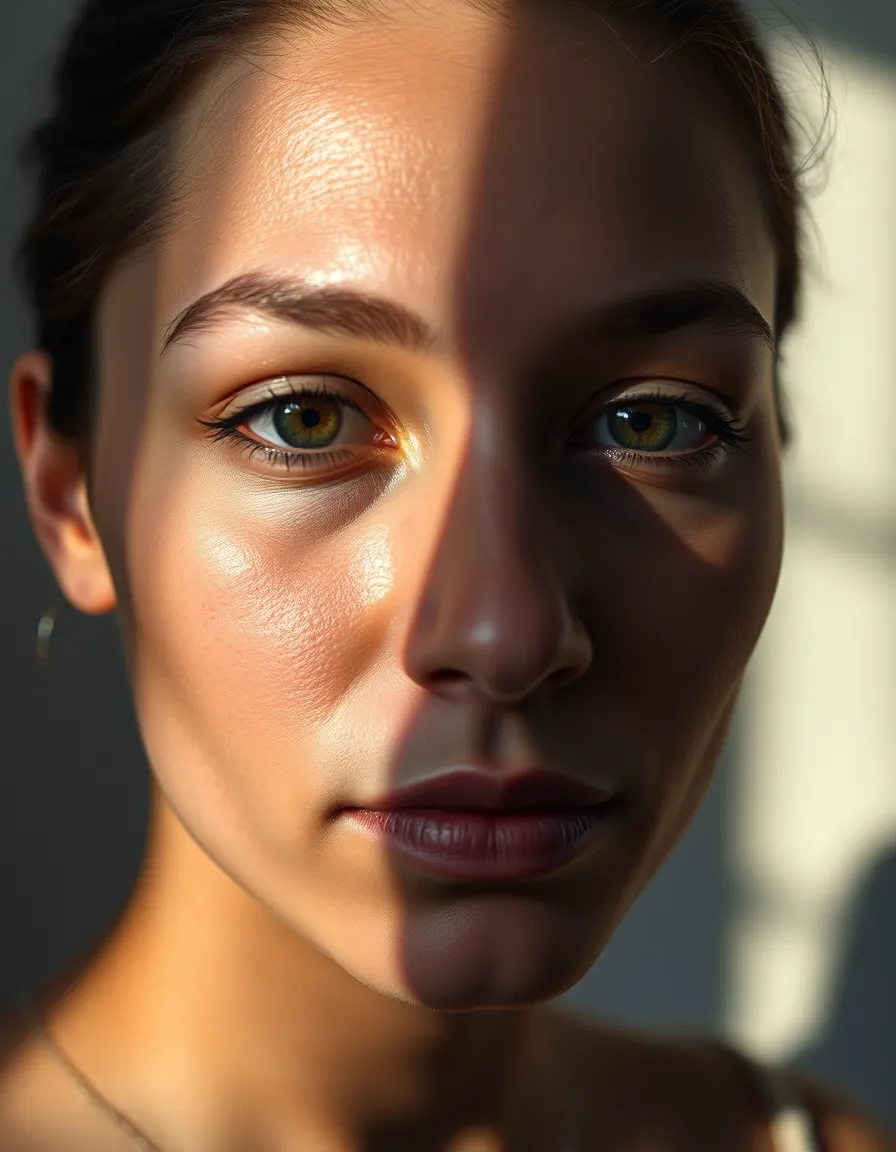 This portrait captures a serene Asian woman in her twenties, draped in a textured cream linen blouse, softly illuminated by overcast daylight. The gentle bokeh background adds a tranquil element to the image, emphasizing her thoughtful gaze. The natural muted tones and soft shadows create an intimate mood, making this photograph perfect for conveying calmness and reflection.