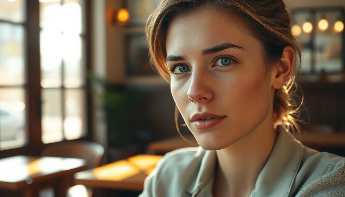 Warm Cafe Portrait of a Young Woman A portrait of a young woman sitting in a cozy café, illuminated by soft, natural light from large windows. Her expression is contemplative as she gazes out, with warm, muted tones creating a nostalgic feel. The linen shirt she wears drapes gently, reflecting the warm ambiance of the café. The photograph captures the natural texture of her skin, enhancing the intimate atmosphere of the scene.