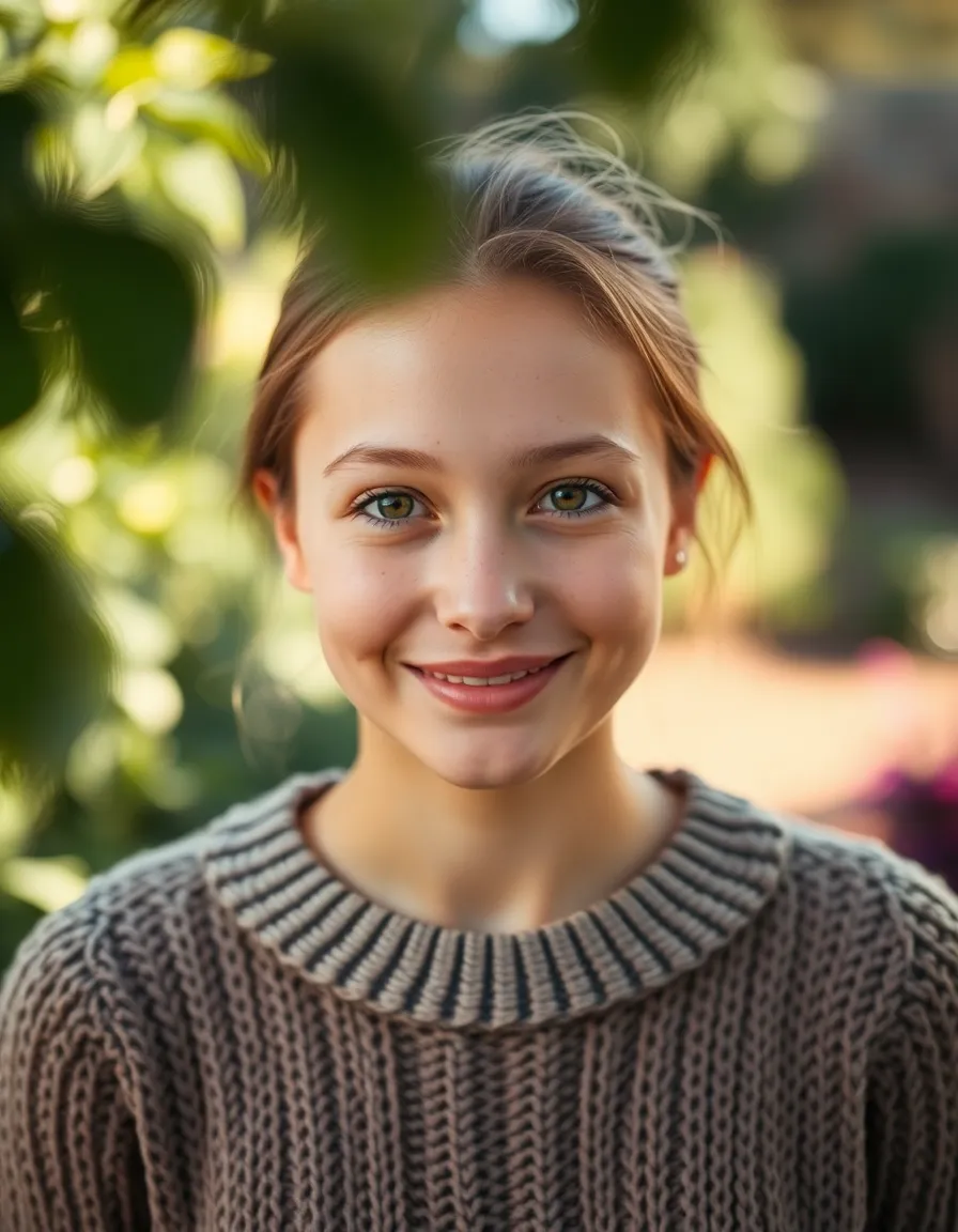 This portrait features a smiling woman with warm skin tones and soft freckles, set against a blurred garden backdrop. The natural muted color palette complements her knitted sweater, creating a cozy, inviting mood. Captured in soft daylight, the image highlights delicate details like the texture of her skin and the gentle bokeh of the surrounding flora. The composition centers her face, drawing attention to her joyful expression.