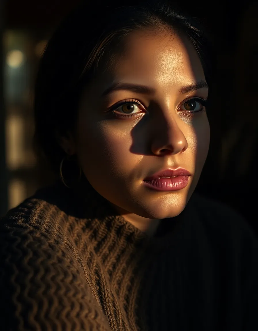 This intimate portrait captures the essence of the subject through dramatic Rembrandt lighting, highlighting their facial features while softly blurring the background. The warm color palette enhances the natural skin tones, revealing freckles and adding authenticity. The subject's thoughtful gaze directs the viewer's attention, effectively utilizing the rule of thirds for composition. The contrasting textures of the knitted sweater and smooth skin create visual interest, making this image a perfect choice for personal branding or editorial use.