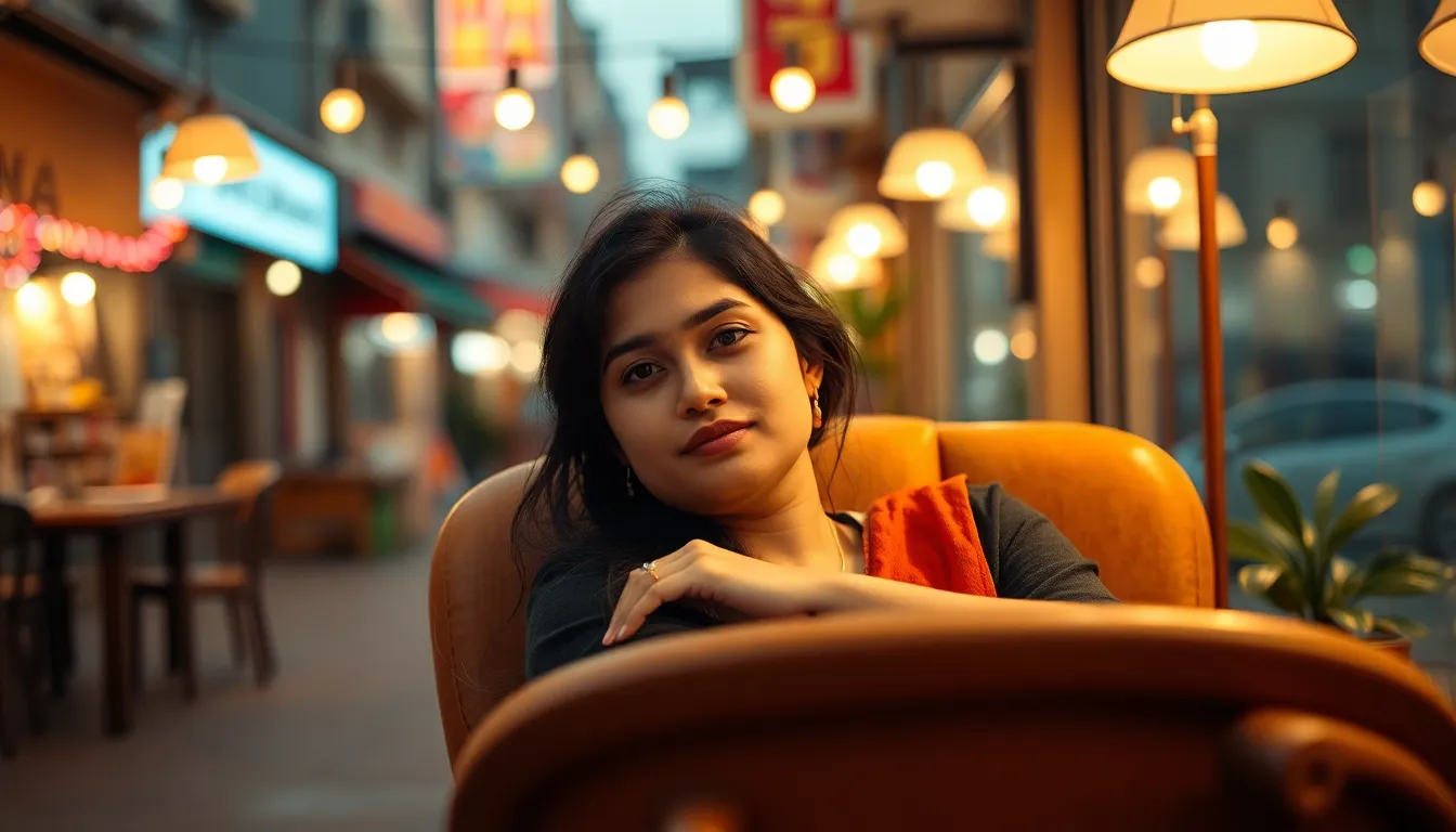 Set against a vibrant urban backdrop, this portrait features a relaxed South Asian woman lounging on a vintage chair, illuminated by warm tungsten lighting. The dreamy bokeh background creates a cozy atmosphere, while the Dutch angle adds visual interest. Her calm expression and casual pose invite viewers into a moment of tranquility amidst the urban hustle.