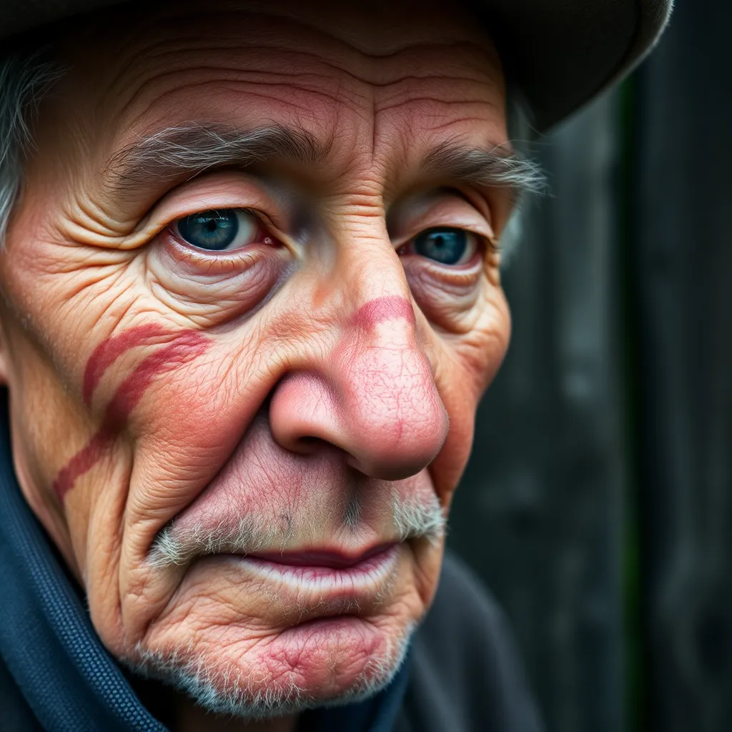 This intimate close-up portrait features an older man with deep-set lines on his face, telling stories of a life well-lived. His thoughtful expression draws the viewer in, evoking feelings of nostalgia and wisdom. The natural light gently illuminates his features, and the muted color palette enhances the mood of the image. The rustic wooden fence in the background adds texture and context, making the portrait feel rooted in a story.
