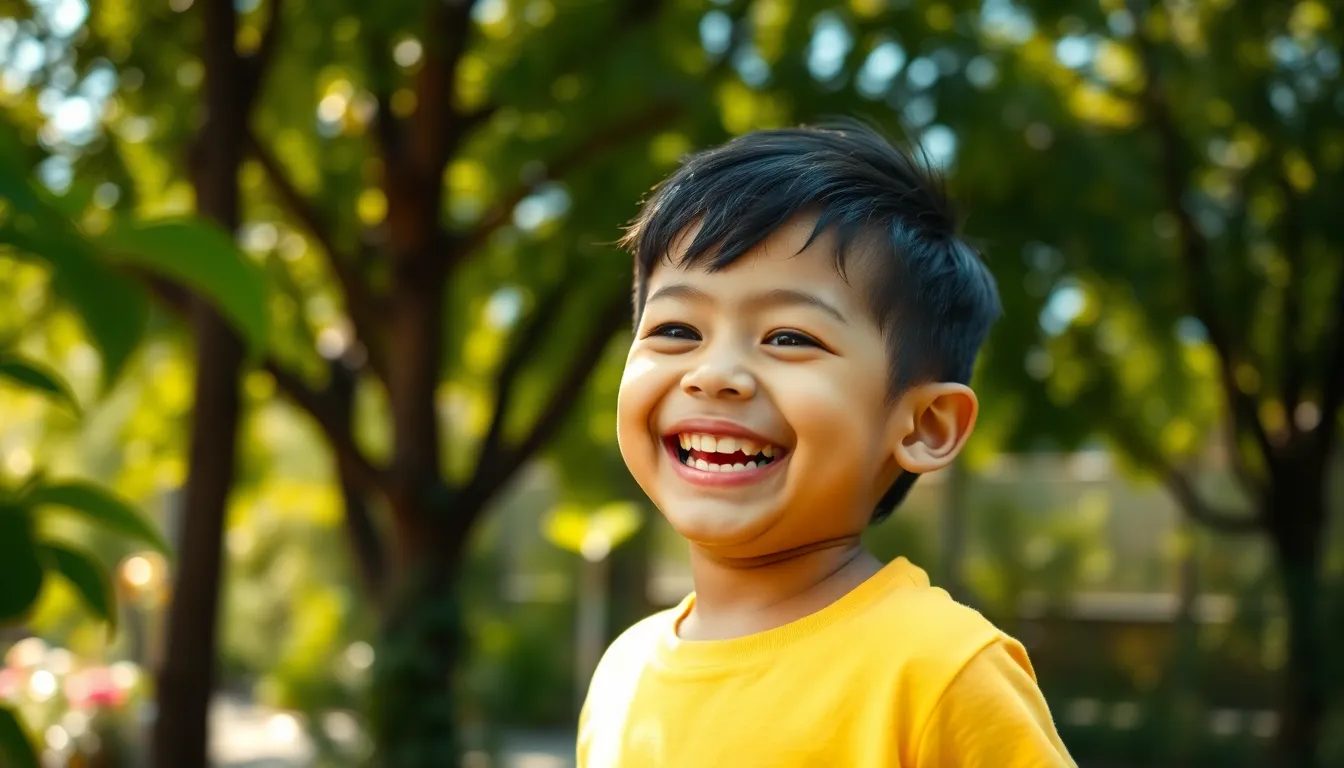 Joyful Young Boy Playing in a Sunlit Garden This captivating portrait captures a joyful young Hispanic boy playing in a sunlit garden, radiating happiness. Dappled sunlight filtering through the trees creates an ethereal glow around him, enhancing the playful atmosphere. Wearing a bright yellow t-shirt, his laughter and delightful expression are perfectly framed by lush greenery. The soft painterly bokeh in the background adds to the charm of this heartwarming scene.