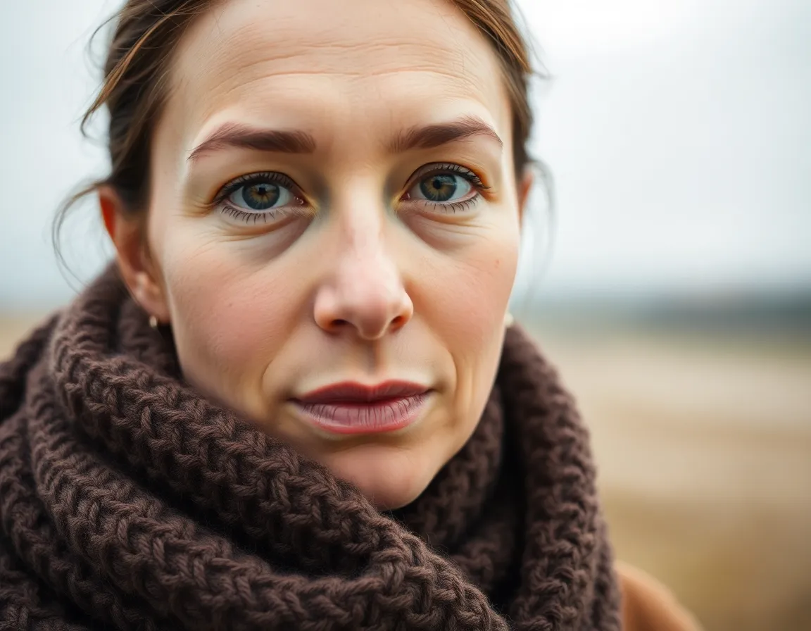 This serene portrait captures a young woman with an expressive face, softly lit by overcast daylight that ensures even illumination. The use of selective focus draws attention to her features, while the background transitions into a soft painterly bokeh. The subtle pastel tones create a calming atmosphere, while the rule of thirds composition adds balance to the image. Texture details in her knitted scarf and natural skin finish enhance the overall warmth and intimacy.
