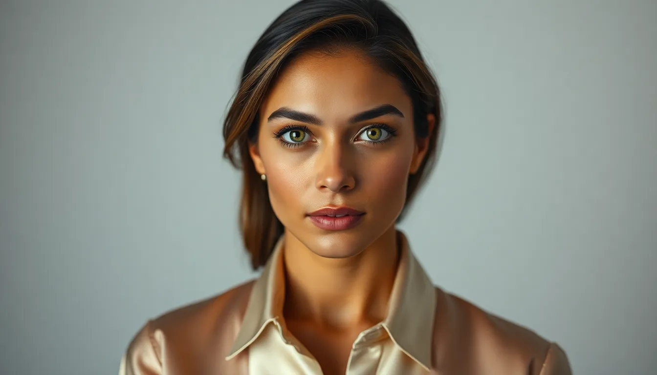 This elegant portrait features a poised Middle-Eastern woman in her thirties, dressed in a luxurious silk blouse. The soft studio lighting enhances her warm skin tones and striking green eyes, creating a refined look. With a centered symmetrical composition, the image conveys grace and sophistication, making it perfect for editorial work or fashion promotions.