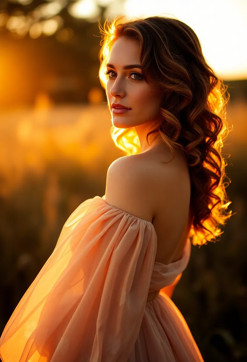 This enchanting portrait showcases a woman during the golden hour, with soft backlighting creating a warm rim light that beautifully shapes her features. The centered composition captures her gentle gaze while the shallow depth of field isolates her from the background. The warm muted tones enhance the fabric's texture of her flowing dress and the curls of her hair, resulting in a serene and ethereal atmosphere.