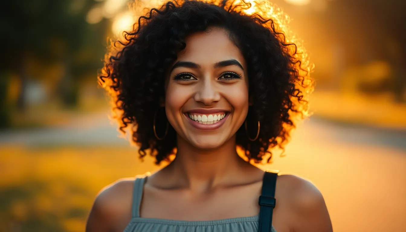 This vibrant portrait showcases a Hispanic woman with curly hair, gracing the frame with a delightful smile during golden hour. The warm backlighting creates a halo effect, enhancing her joyful spirit, while the shallow depth of field keeps the focus on her. The soft tones reminiscent of Kodak Portra 400 illuminate her skin, making the image feel intimate and inviting. Leading lines in the background guide the viewer’s gaze directly to her expression.