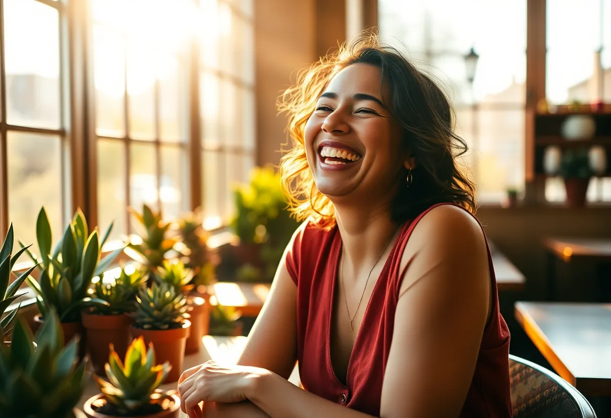 This joyful portrait captures a Hispanic woman laughing in a sunlit café, surrounded by verdant succulents and rich wooden textures. Warm streams of sunlight pour through the large windows, creating playful shadows that enhance the inviting atmosphere. With a shallow depth of field, her vibrant expression stands out against a soft bokeh background. Earthy greens and warm browns create harmony within the scene, making this image feel both lively and cozy.