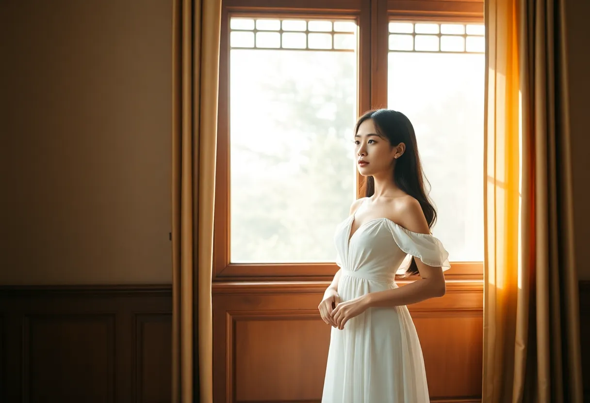 Contemplative Young Woman by the Window This elegant portrait presents a young Asian woman in a flowing white dress, lost in thought as she gazes outside. Utilizing natural diffused daylight, the soft fill light enhances her delicate features. The centered composition conveys harmony, while the shallow depth of field beautifully blurs the rich textures of the room. Creamy highlights against soft shadows create a serene and contemplative mood.