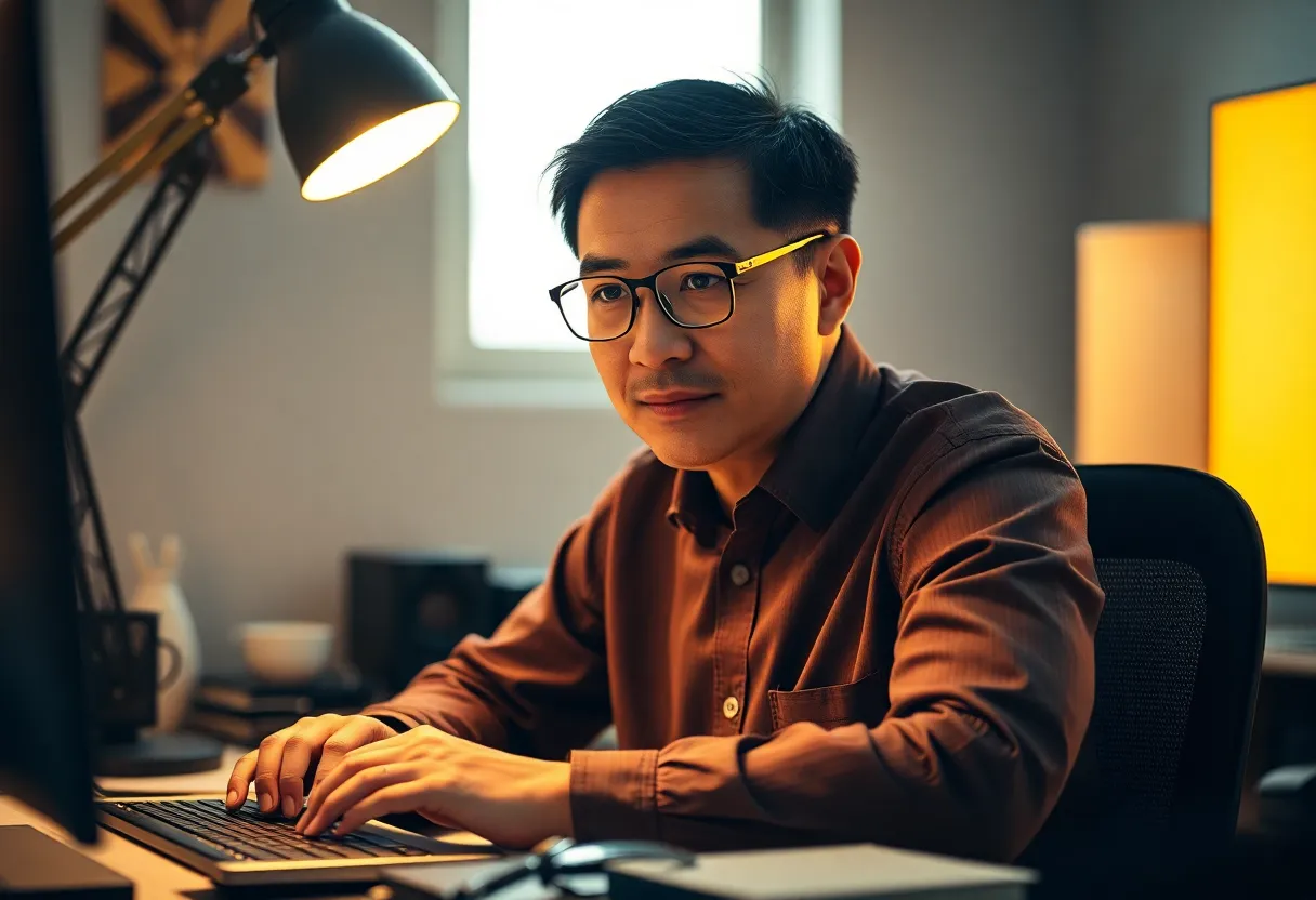 This intimate portrait features a focused Middle-aged Asian man wearing glasses as he works diligently at his desk. The warm tungsten light casts a soft glow, creating a cozy and productive atmosphere. The hyperfocal distance ensures every detail from his shirt to the workspace is sharp. The natural muted tones complement his environment, emphasizing the textures of his clothing and the technology around him.