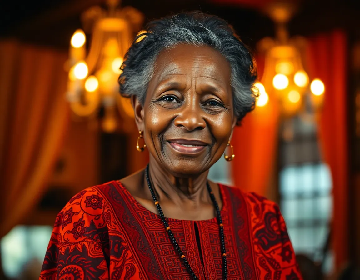 Elderly Woman in Traditional African Dress This heartwarming portrait showcases an elderly woman of African descent, dressed in a vibrant traditional dress that captures her cultural heritage. The warm tungsten lighting adds a cozy atmosphere, while her gentle smile invites connection. Shot with shallow depth of field, the rich orange and brown tones enhance the warmth of the scene. This image beautifully reflects wisdom and grace.
