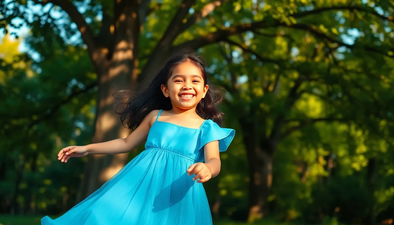 This enchanting portrait captures a joyful Hispanic girl twirling in her vibrant blue dress amidst a sun-dappled forest during golden hour. The natural light plays across her smiling face, creating a magical atmosphere filled with warmth and laughter. The structured composition, with leading lines of branches, draws the eye toward the subject, enhancing the sense of motion and joy.