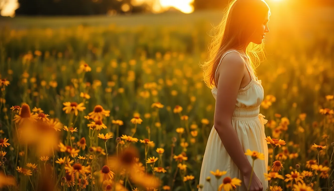 In this vibrant portrait, a young woman stands amidst a blooming wildflower field, illuminated by the warm light of the setting sun. Her joyful expression complements the lively colors of the flowers around her, creating an atmosphere of happiness and freedom. The golden hour glow adds magic to the image, with soft, warm tones enhancing her natural beauty. The leading lines of the flower stems direct the viewer's attention towards her, capturing the essence of a serene moment in nature.