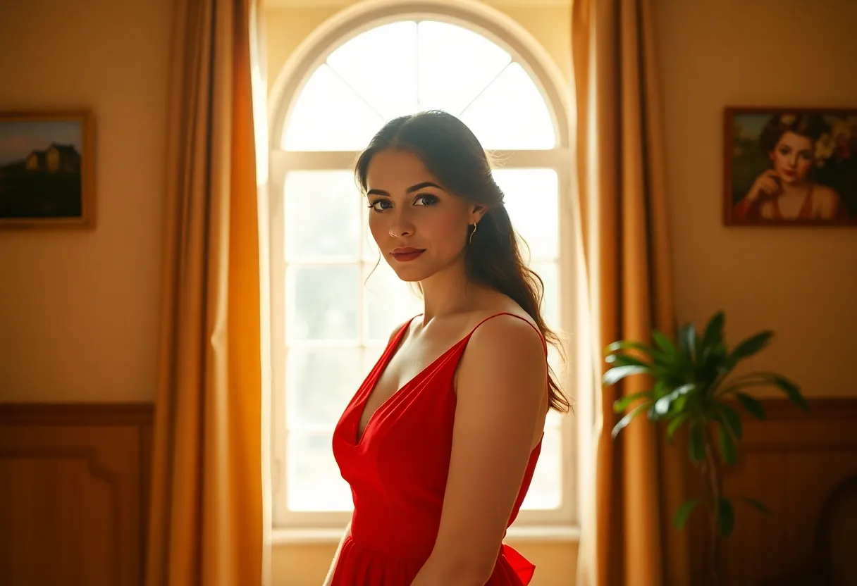This captivating portrait captures a woman in a vibrant red dress, bathed in soft warm daylight filtering through a window. The warm tones enhance her natural beauty while the Kodak Portra 400 color palette enriches the overall warmth of the scene. With a sharp focus from foreground to background, the window's leading lines elegantly frame her, creating a serene yet striking composition. The play of light and shadow adds depth to the rich textures of her dress.