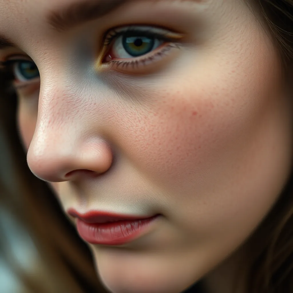 This close-up portrait beautifully highlights the natural texture of the subject's face, revealing soft freckles and authentic skin details. Utilizing overcast lighting, the even illumination enhances the warm skin tones, rendered in creamy highlights reminiscent of Kodak Portra 400. The composition centers on the subject's expressive eyes, providing a sense of intimacy, while a shallow depth of field creates a dreamy, painterly bokeh behind. This portrait is ideal for beauty, skincare, or personal branding applications.