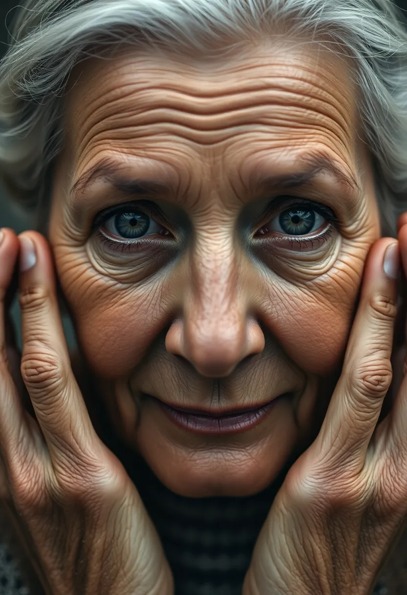 An engaging portrait of a mature woman, captured with exquisite detail focusing on her expressive eyes and natural skin texture. The soft diffused lighting creates an intimate atmosphere, while muted earth tones convey warmth and wisdom. Her hands gently frame her face, adding depth to the composition. The image speaks to a variety of themes, from personal story-telling to beauty in age, making it suitable for editorial or artistic contexts.