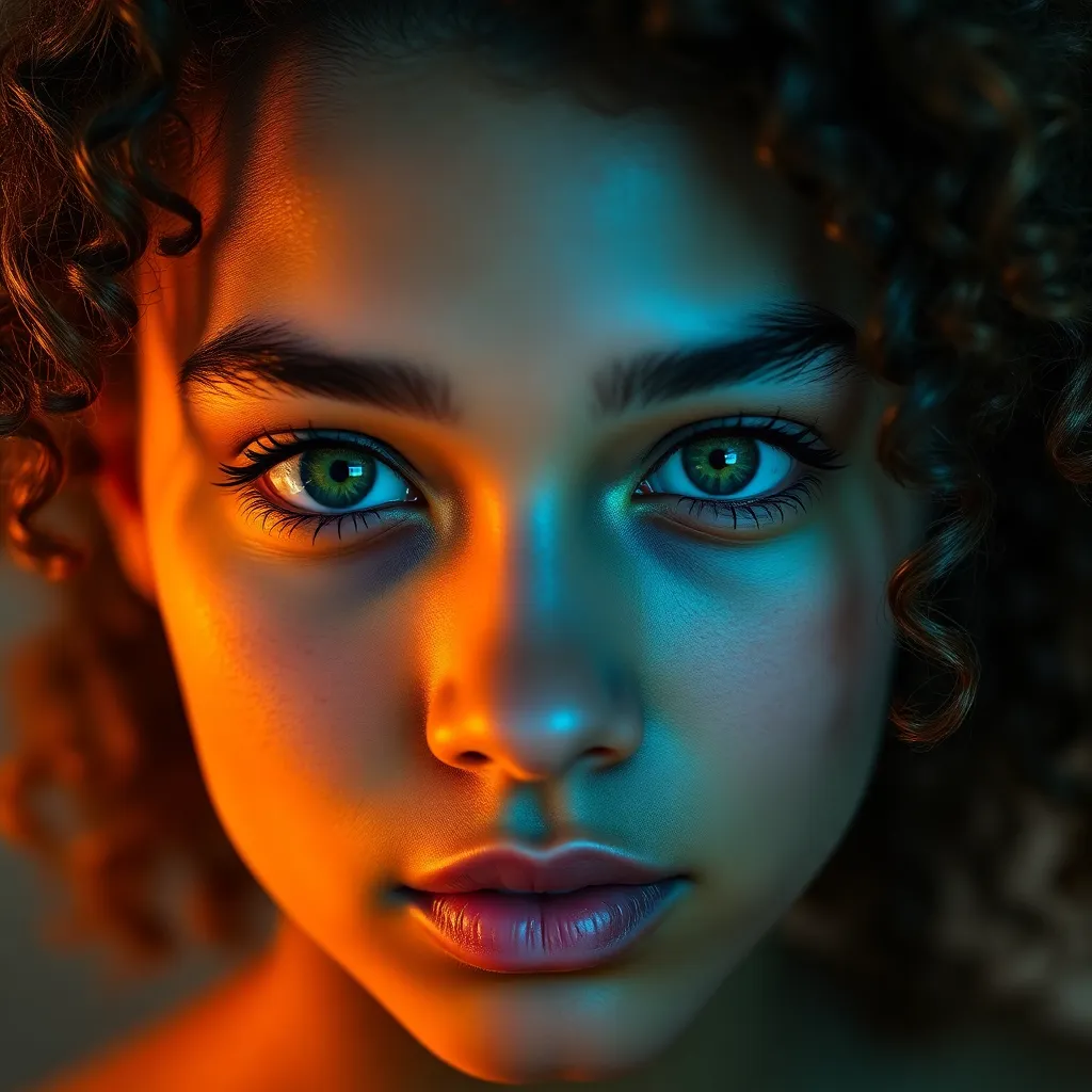 A mesmerizing close-up portrait of a young mixed-race woman, highlighting her striking green eyes and curly hair. The soft studio lighting beautifully enhances the textures of her skin and hair, creating depth and dimension. With a vibrant color palette featuring cinematic grading, the image captures the essence of her natural beauty in fine detail, inviting admiration.
