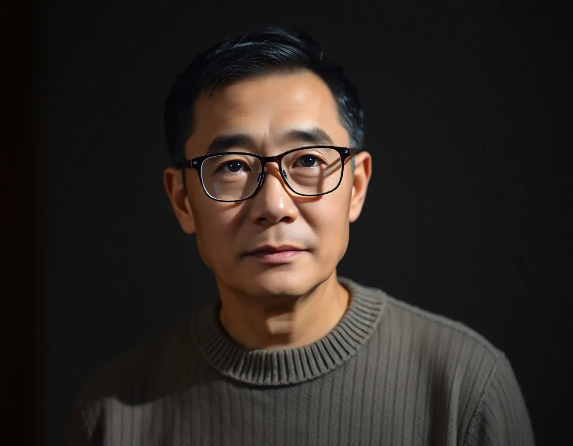 This portrait captures a thoughtful middle-aged Asian man in a cozy wool sweater, illuminated by Rembrandt lighting that casts gentle shadows. His glasses reflect a sense of intelligence and contemplation. The subtle and muted earth tones create a warm atmosphere, while the centered composition draws attention to his expressive features. This image conveys a sense of calm and introspection, making it perfect for editorial use.