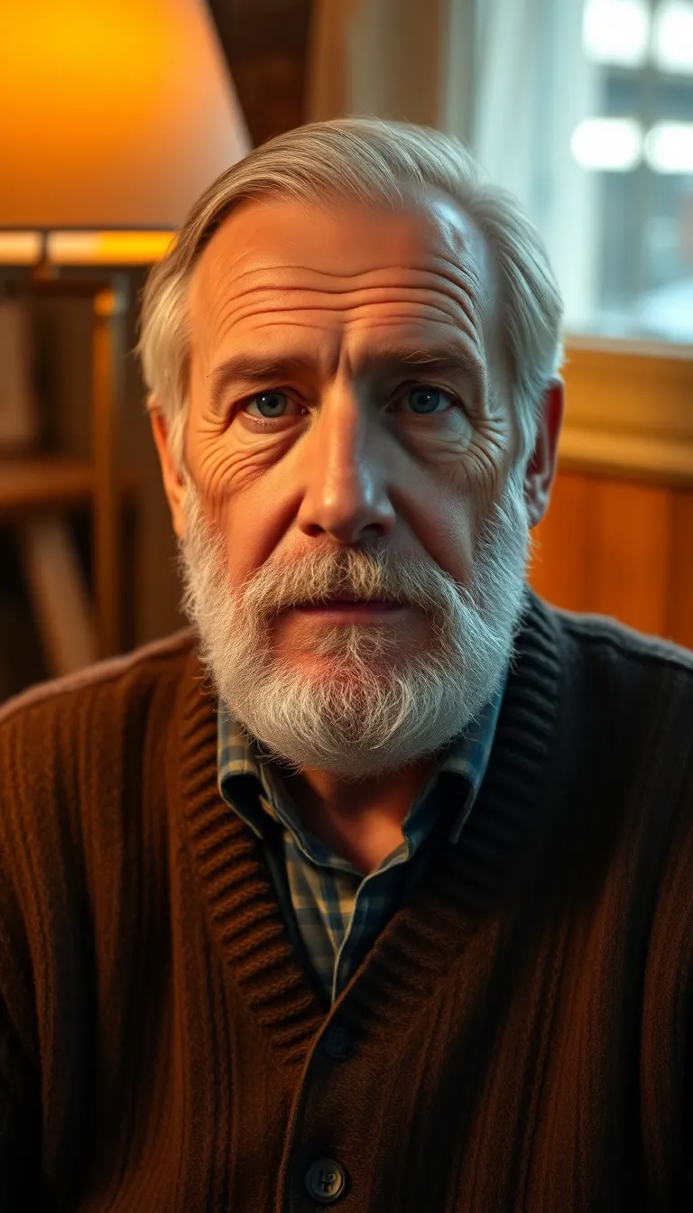 This intimate portrait features a wise-looking senior Caucasian man with a beard, captured in warm tungsten light that creates a cozy atmosphere. His thick wool cardigan adds texture and comfort to the image, while deep focus reveals intricate details of his weathered features. The warm color palette enhances the feelings of serenity and wisdom. Centered composition highlights his engaging expression, making this a powerful image for storytelling.