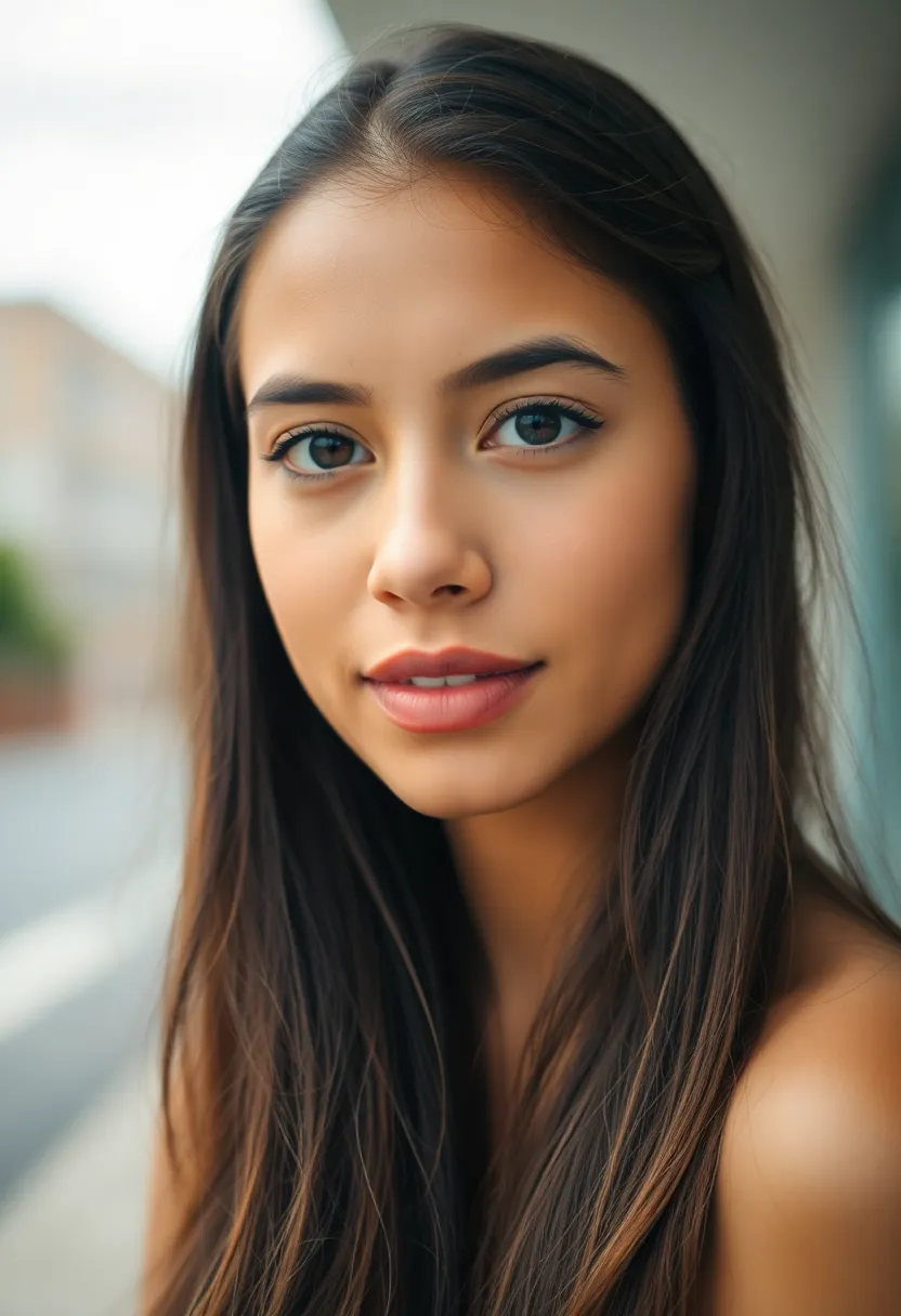 A striking portrait of a young Hispanic woman, her long hair flowing softly in gentle overcast light. Selective focus draws attention to her expressive eyes, set against a beautifully blurred background. The cinematic color grading adds depth, with warm skin tones contrasting elegantly with cooler surroundings. This portrait captures her dynamic pose and energy, making it a perfect choice for fashion or lifestyle use.